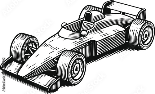 Vintage Formula 1 race car front view in black and white, detailed line art illustration with retro style and mechanical precision

