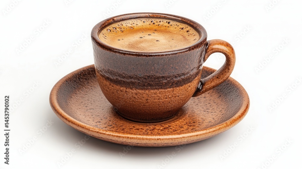 Fototapeta premium Warm coffee served in a handcrafted ceramic cup with a saucer on a plain background at a cozy café setting