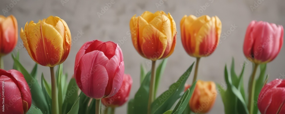 Fototapeta premium Close-up vibrant tulips, textured paper Fresh spring blooms , vivid, macro, image