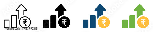 Set of four financial growth icons with indian rupee symbol. Concept of economic development, investment growth, business success, and financial progress with bar chart and upward arrow. Vector icons.