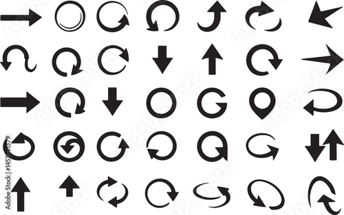  Black arrow icons in various directions and circular motion styles arranged in grid format