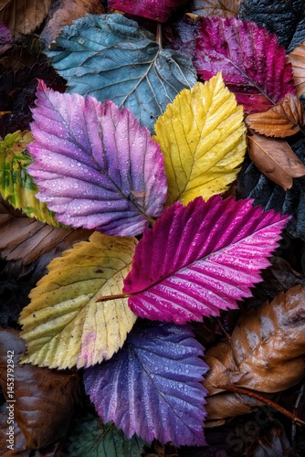 Vibrant autumn leaves with dew displaying stunning colors