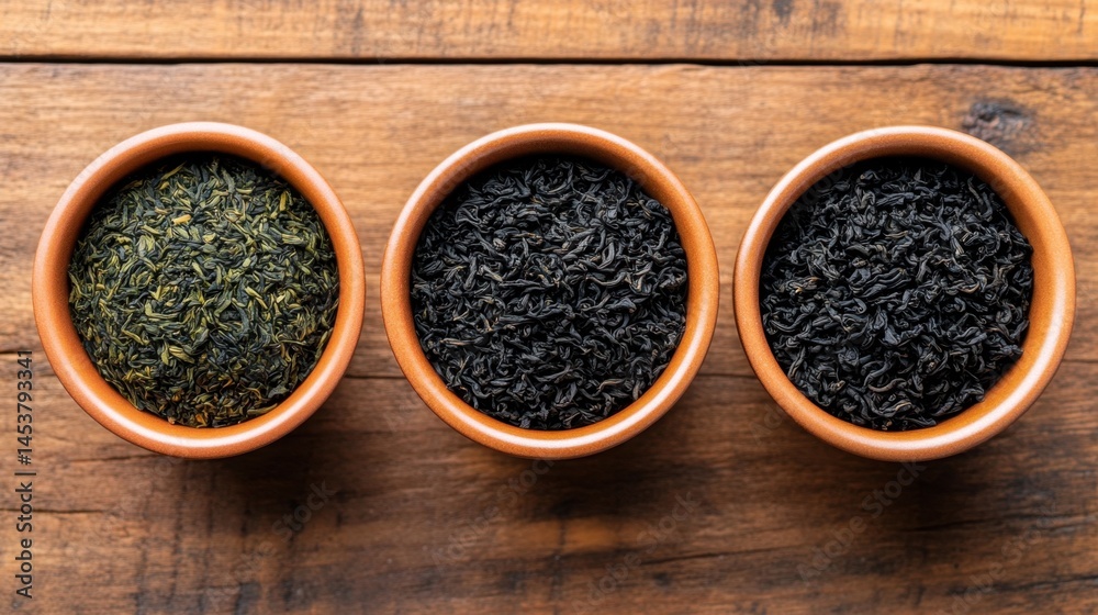 Overhead view of three cups with different tea types--green, oolong, and black--on rustic wood table Overhead view of three cups with different tea types--green, oolong, and black--on rustic wood table