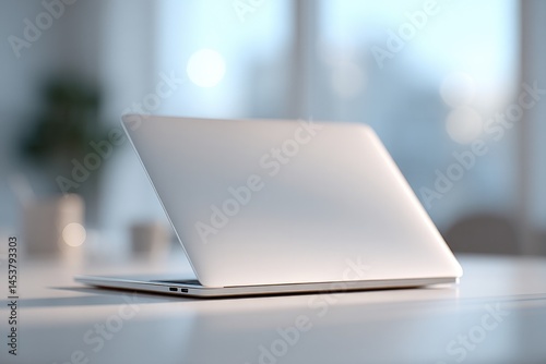 minimalistic office desk with closed laptop and stationery arranged neatly