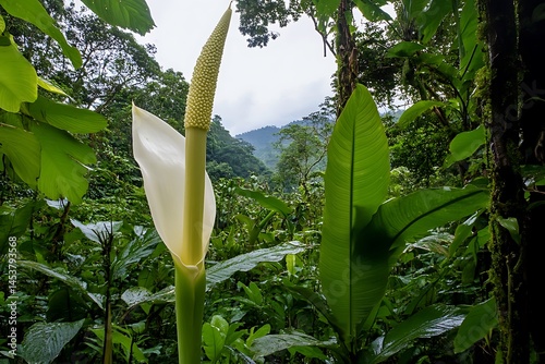 foliage Amorphophallus titanum flower towering over tropical