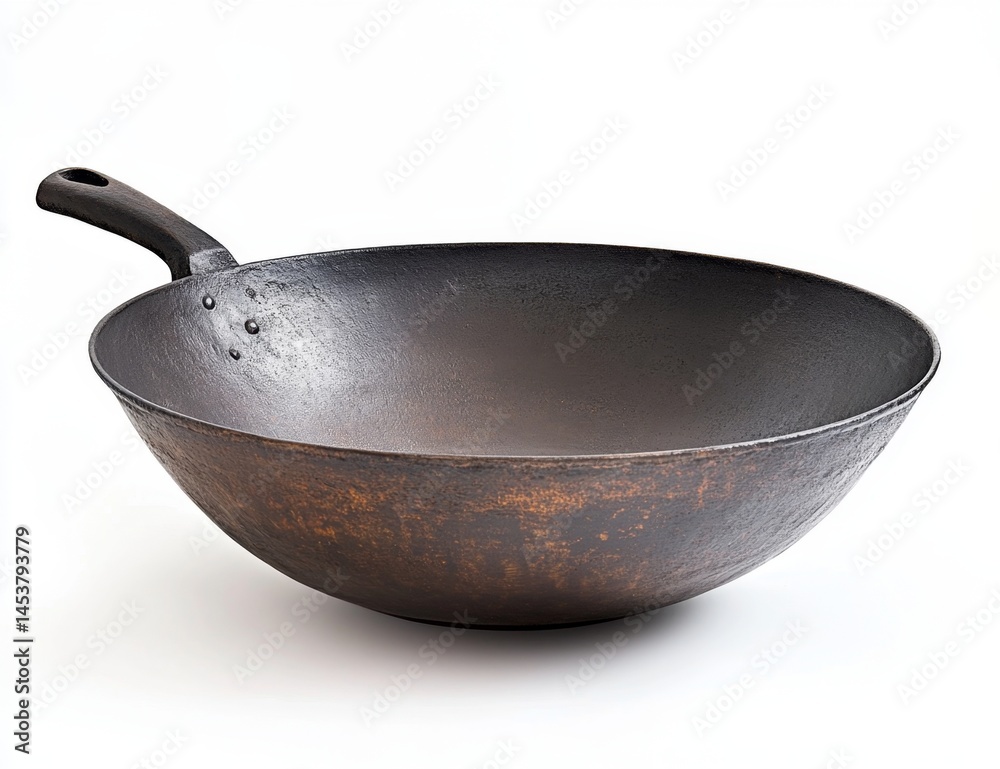 Dark, round wok with a handle. Distressed, copper-toned finish Dark, round wok with a handle. Distressed, copper-toned finish
