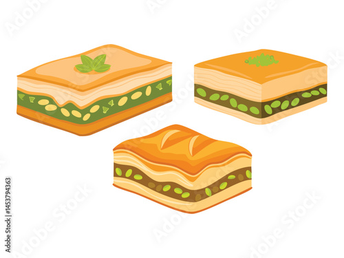 vector illustration of a turkish food Baklava (Phyllo Pastry with Pistachios and Syrup)