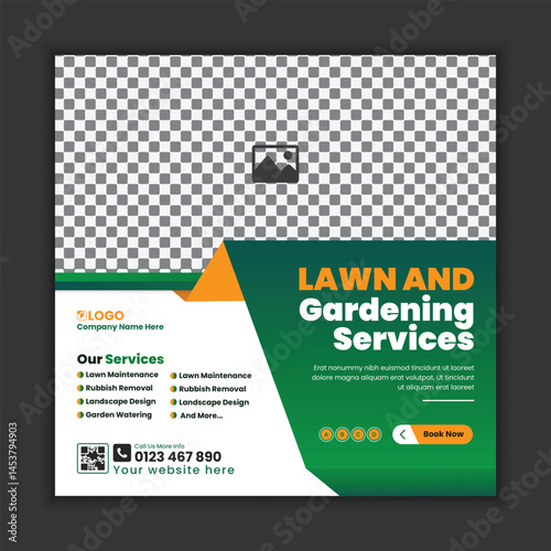 Lawn care and gardening services, social media post design, or web banner template. Tree and gardening service poster, leaflet, and handbill design. Lawn Mower Square Flyer design template