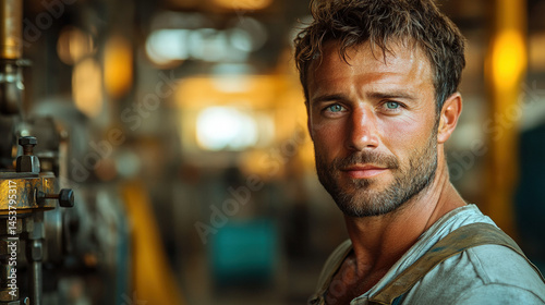 Close-up portrait of a handsome, serious man with light eyes and stubble, wearing work overalls in an industrial setting