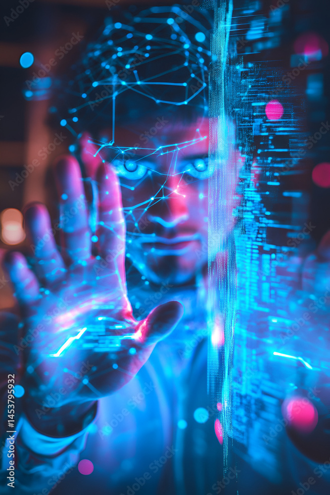 Obraz premium A Person Holding Their Hands Up To A Computer Screen