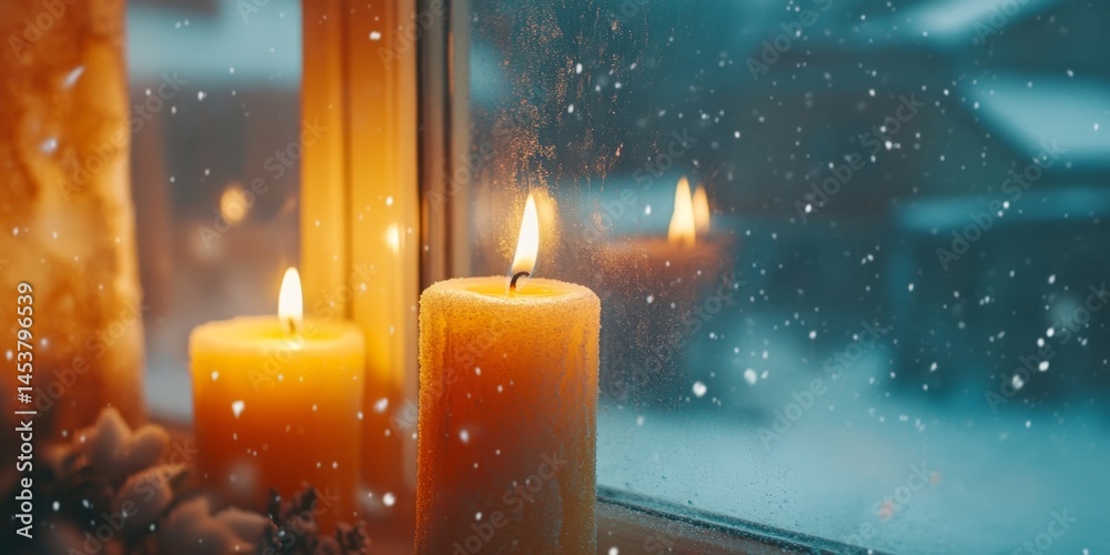 Warm candle glow, snowy view, cozy winter evening ambiance.