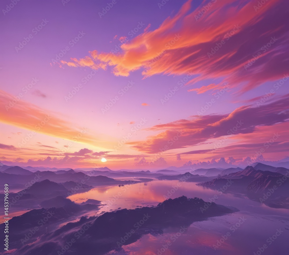 Fototapeta premium Abstract swirling sky, sunset hues of purple, pink, and orange Enchanting horizon , fantasy, design