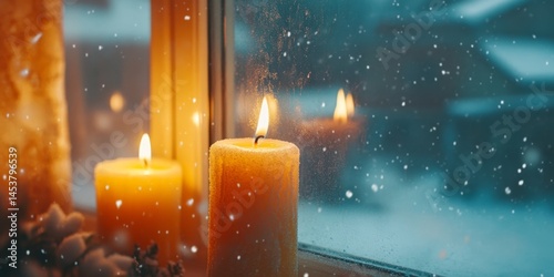 Obraz na płótnie Warm candle glow, snowy view, cozy winter evening ambiance. w salonie