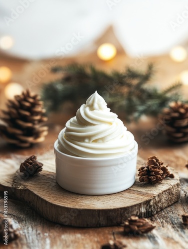 Obraz na płótnie A creative dessert decoration shaped like a Christmas tree with whipped cream and crushed nuts, perfect for holiday celebrations. w salonie