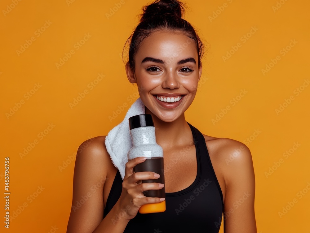 Smiling young woman with bottle, celebrating fitness and hydration.