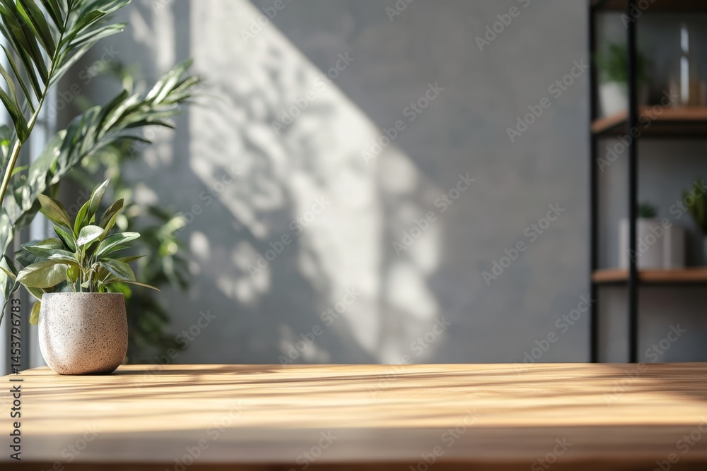 A contemporary and cozy home office space featuring a wooden desk with a potted plant, highlighting the blend of style and functionality.