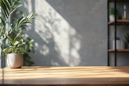 Obraz na płótnie A contemporary and cozy home office space featuring a wooden desk with a potted plant, highlighting the blend of style and functionality. w salonie