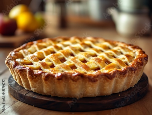Obraz na płótnie A mouth-watering peach pie with a flaky pastry crust and perfectly golden, bubbly topping. Set on a wooden cutting board, it's ready to serve. w salonie