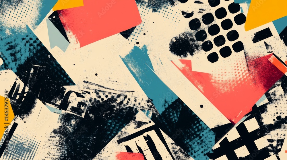 Multicolored mixed media art with bold geometric shapes and vibrant color palette.