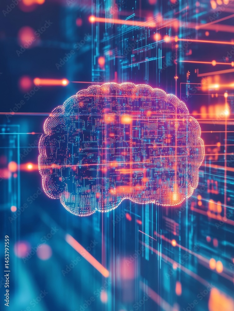 Brain with circuitry and digital connection points. Abstract representation of artificial intelligence, technology, and cognitive computing.