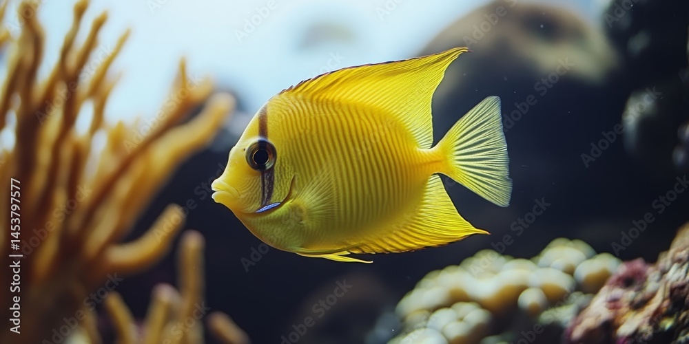 Vividly colored yellow fish with black stripes swimming in a coral reef. A beautiful example of marine biodiversity.