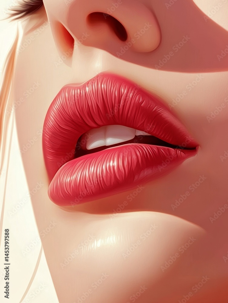 A woman's lips are painted red and she is smiling. The image is a close up of her mouth