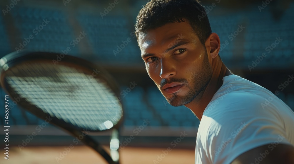 A man is holding a tennis racket and looking at the camera. Concept of determination and focus, as the man prepares to play a game of tennis. The bright sunlight illuminates the scene