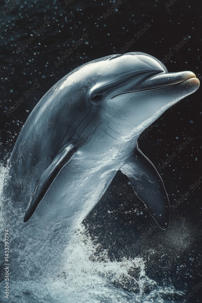 A close-up photo of a dolphin surfacing in the ocean, showing its powerful and graceful form. This image captures the beauty of marine life.