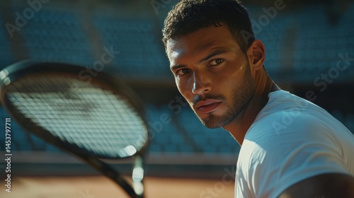 Obraz na płótnie A man is holding a tennis racket and looking at the camera. Concept of determination and focus, as the man prepares to play a game of tennis. The bright sunlight illuminates the scene w salonie