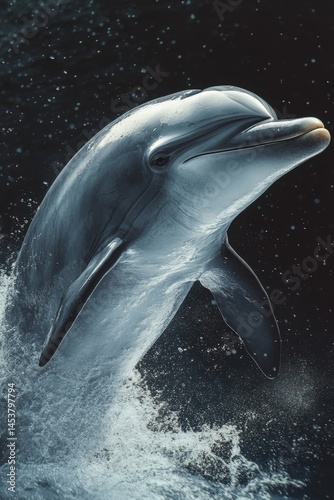 Obraz na płótnie A close-up photo of a dolphin surfacing in the ocean, showing its powerful and graceful form. This image captures the beauty of marine life. w salonie