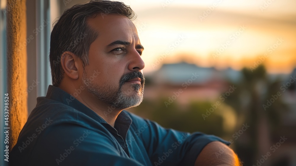 A man with a beard and gray hair is looking out the window. He is wearing a blue shirt and a black hat