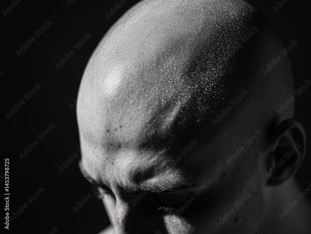 A close-up of a bald man with visible pores and skin texture.