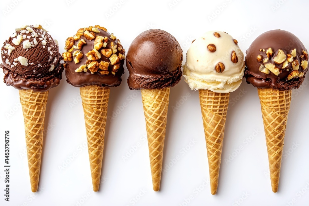 Enjoying a variety of ice cream cones with different flavors and toppings on a warm day Enjoying a variety of ice cream cones with different flavors and toppings on a warm day
