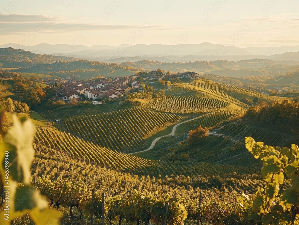 Hillsides of vineyards in autumn, with houses nestled among the trees.
