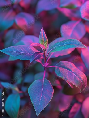 Obraz na płótnie Close-up of a leaf with vibrant purple veins on green stem against a blurry background. w salonie