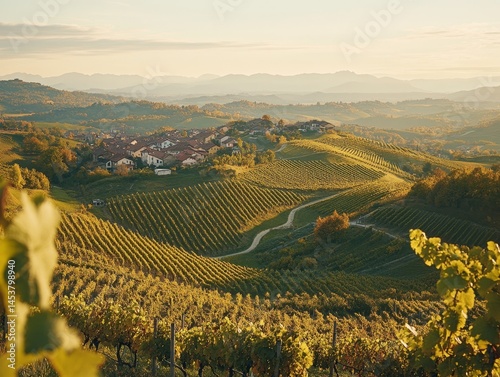 Obraz na płótnie Hillsides of vineyards in autumn, with houses nestled among the trees. w salonie