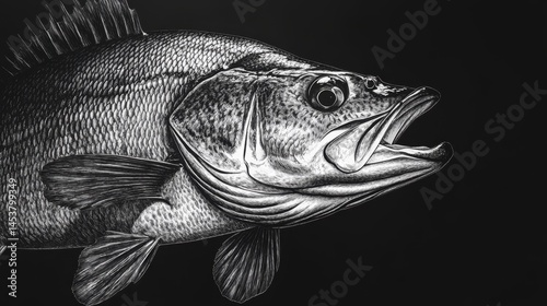 Obraz na płótnie A black and white drawing of a fish with its mouth open. The fish is large and has a sharp pointy snout. Concept of power and strength, as well as the idea of a predator in the water w salonie