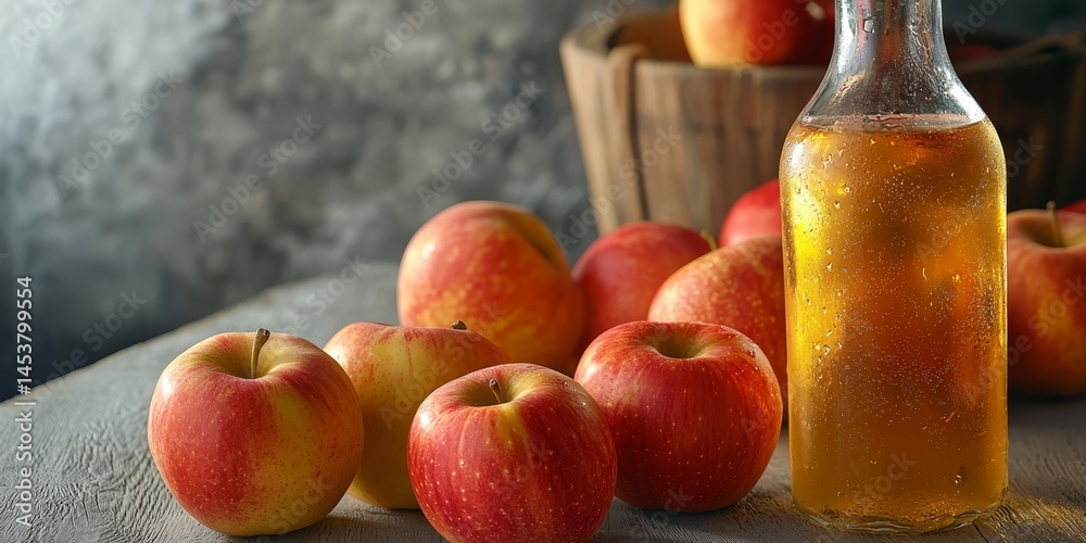 Cider apples on a table next to an open glass bottle of apple cider. The fruits are ripe and ready for use.