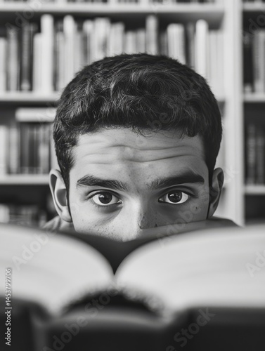 Obraz na płótnie A young male with glasses is engrossed in a book, suggesting an interest in literature and learning. w salonie