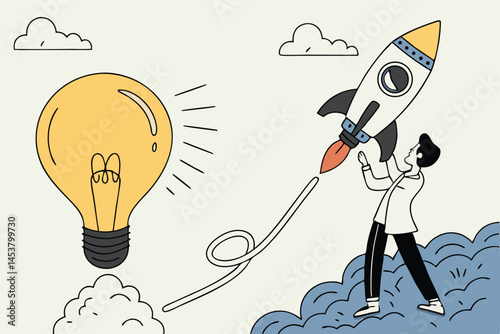 Startup Launch Idea Creation With Rocket Launching From An Idea Bulb Illustration