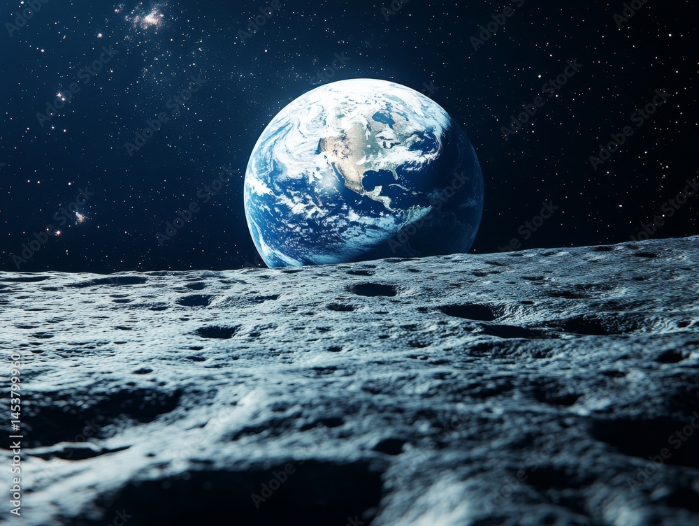 Moon's surface with Earth in the distance.