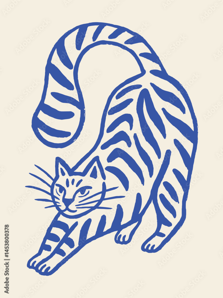 Stretching cat — naive bold sketch illustration