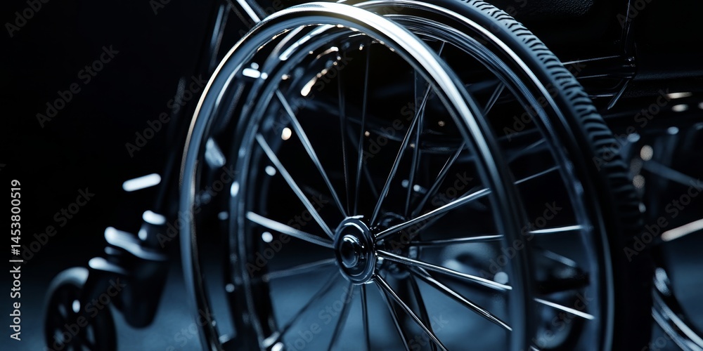 Sleek black wheelchair with silver accents, parked against dark background