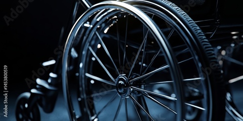 Sleek black wheelchair with silver accents, parked against dark background
