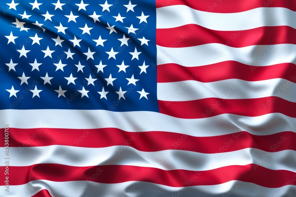 The flag of the United States of America, waving against a blue sky background.