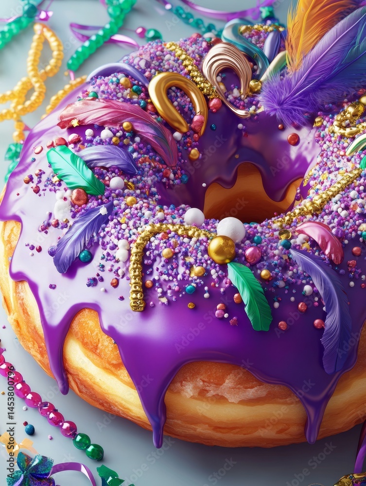 A decorated Mardi Gras themed donut with purple icing, confetti and jazz feather toppings.