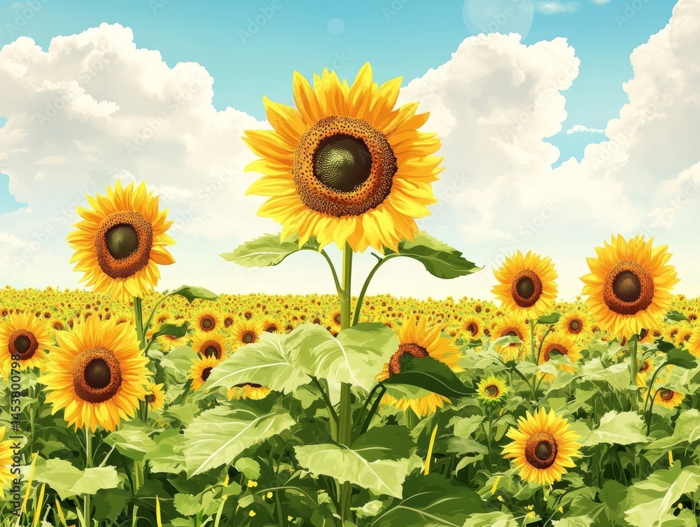 A field of sunflowers with one in the foreground. The sunflowers are all facing the same direction, towards the right. The sky is blue with some clouds