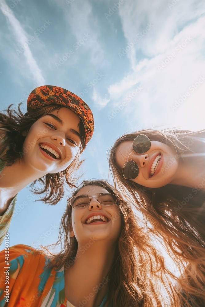 Four girls laughing and smiling while taking selfie together.