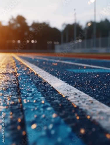 Obraz na płótnie Water droplets on a wet track at sunset, reflecting the surroundings, ready for athletic activity. w salonie