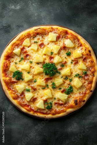 Gourmet cheese pizza with fresh ingredients including bacon and pineapple. Cooked to perfection on a wooden board.